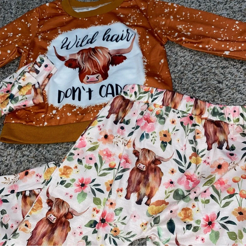 Girls Western Cow girl Set Wild Hair Don't Care Sweatshirt Floral Pants